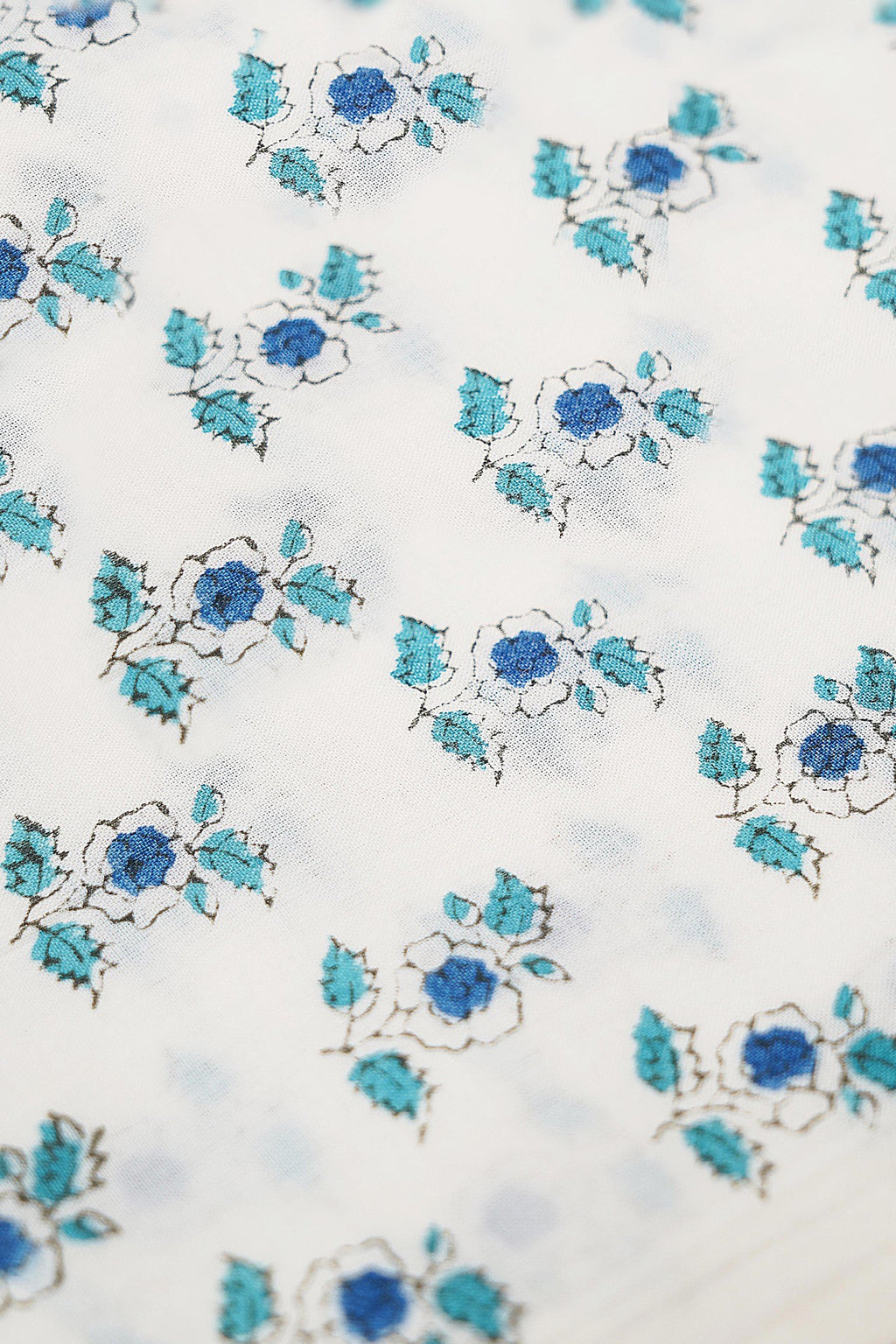 Pure Cotton Fabric - White & Blue Floral Block Print (1 mtr length)