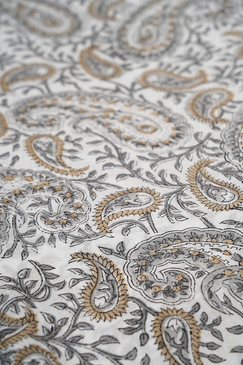 Pure Cotton Fabric - White & Grey Ambi Motif Block Print (1 mtr length)