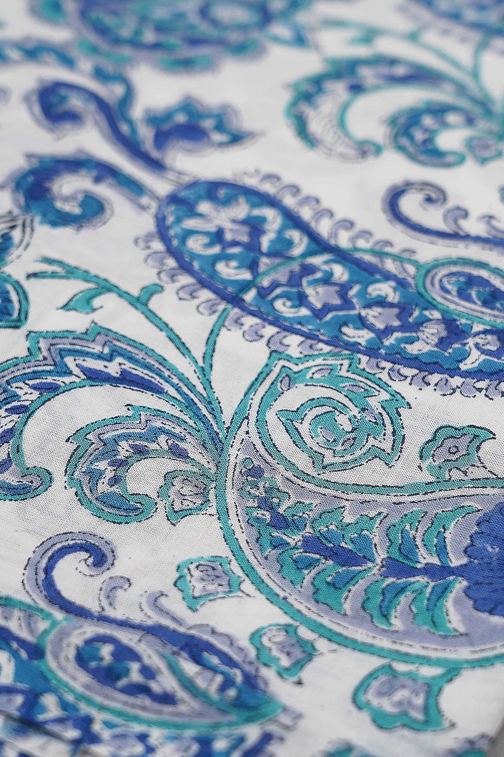 Pure Cotton Fabric - Blue & Turquoise Ambi Motif Block Print (1 mtr length)