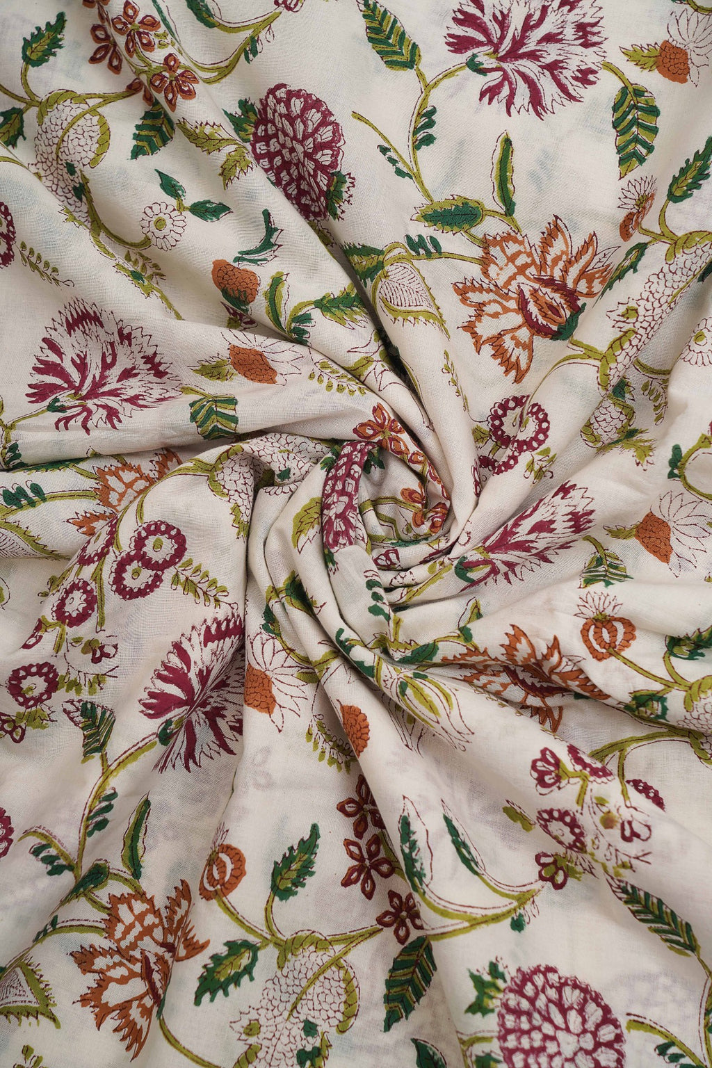 Pure Cotton Fabric - White with Green & Wine Floral Block Print (1 mtr length)