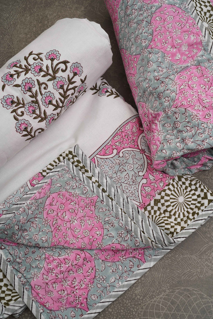 Cotton AC Dohar - Hand Block Grey & Pink Floral Motif