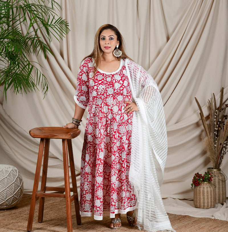 Red & White Floral Anarkali Dress with Dupatta