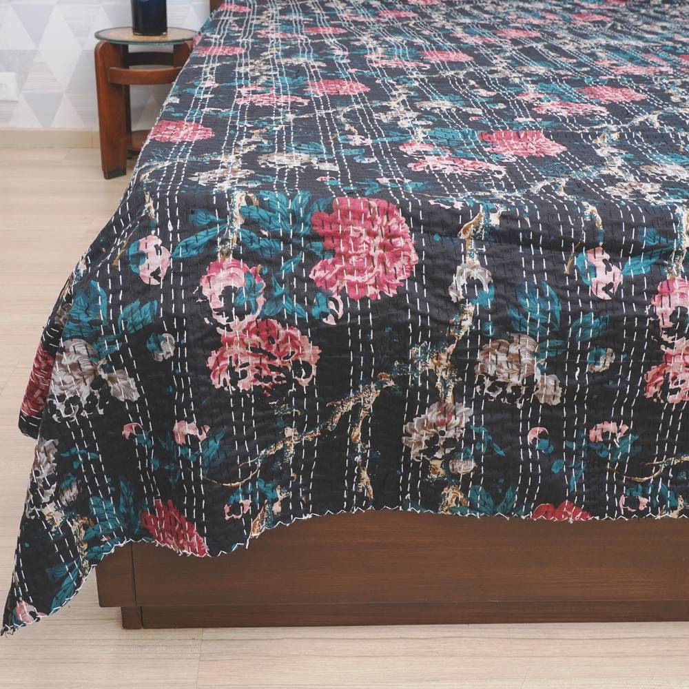 Cotton Kantha Work Bed Cover - Black Floral